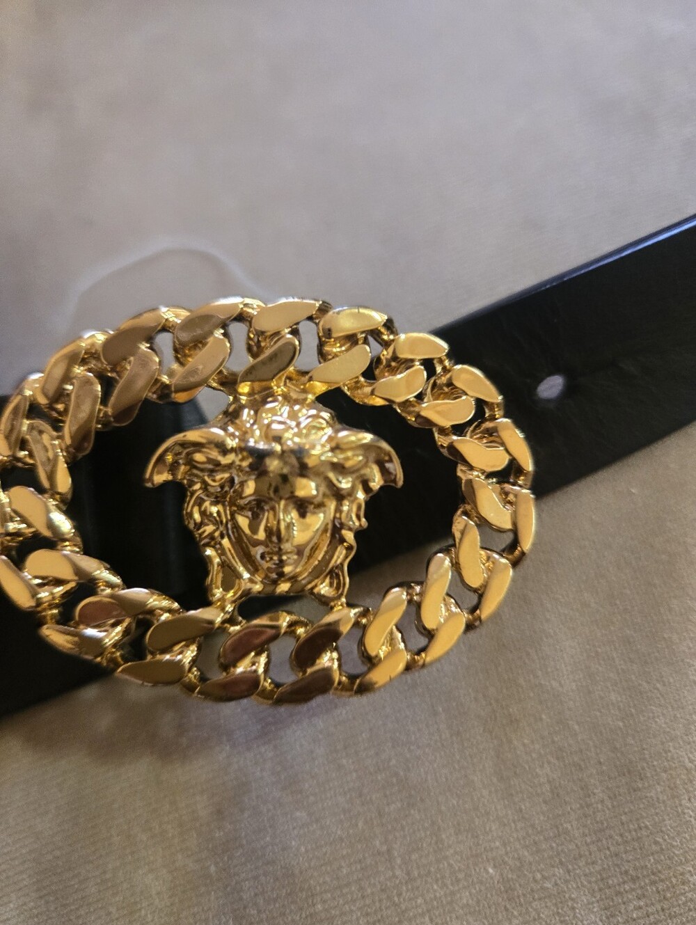 Gold Medusa Chain Buckle Black Leather Belt - Kids Versace